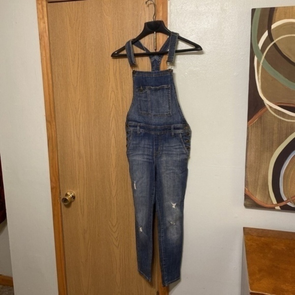 Eunina "Dylan Skinny" Small Medium Wash Distressed Denim Overalls - EUC